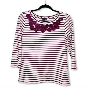 LAND'S END / purple white striped 3/4 sleeve embroidered floral top / S